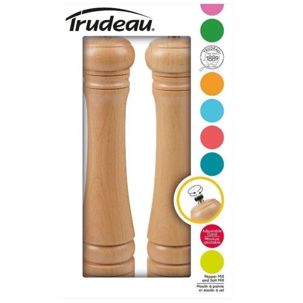 Trudeau 10 Inch Capri Salt & Pepper Mill Grinder Set Natural Wood Adjustable NIB
